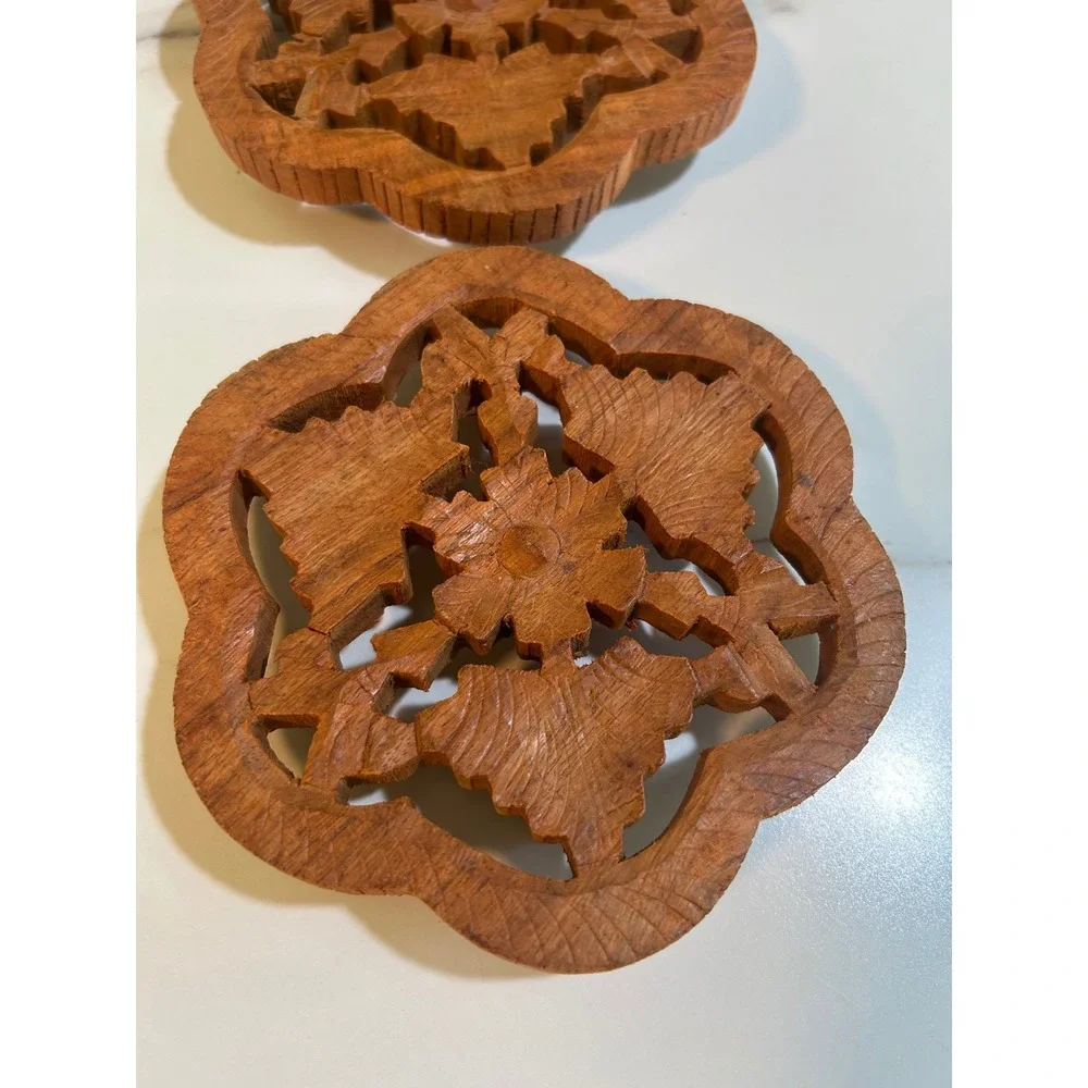 Vintage Hand Carved Wood Floral Trivets Set of 2 Boho Scalloped Kitchen Decor